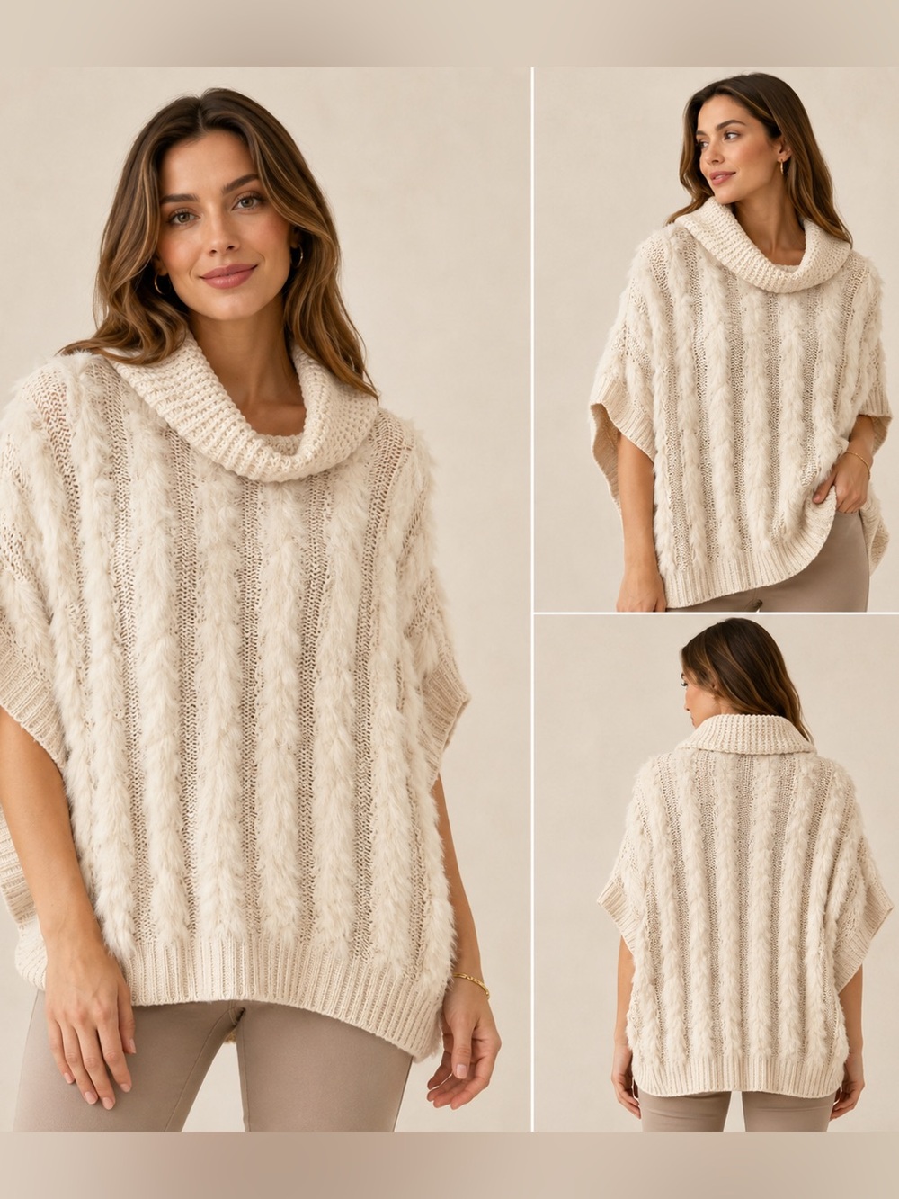 Dolce Cabo Fall Sweater Poncho Cream Buff Fur Cowl Neck Knit Cape M/L NWT
